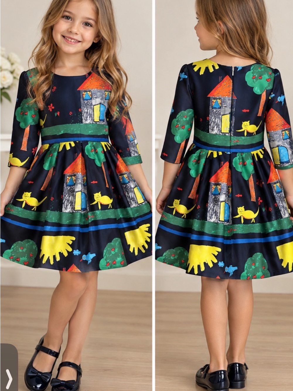 Girls Navy Playhouse Print Fit-and-Flare Dress